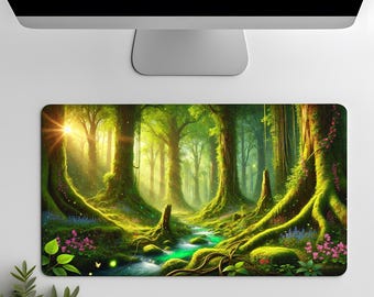 Fantasy Forest Desk Mat, Enchanted Mouse Pad, Magical Nature Gaming Accessories, Green Woodland Decor, Gift for Nature Lovers