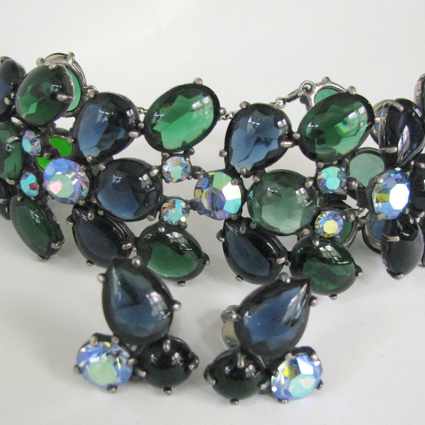 Vintage Schiaparelli Statement Bracelet and Earrings Set Blue Green Aurora Rhinestones