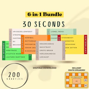 Puede incluir: Un paquete de 6 juegos de cartas de 30 segundos. Las cartas presentan diversos temas, como una boda, un baby shower, una fiesta de cumpleaños y una fiesta de fin de año. El paquete incluye 200 cartas y un tablero de juego gratuito. Las cartas están impresas en un fondo blanco con texto e imágenes coloridos.