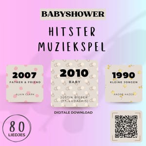 Peut inclure: Graphique de téléchargement numérique pour un jeu de musique de baby shower. Le design présente du texte et des titres de chansons de 1990, 2007 et 2010, avec un code QR et les mots "80 LIEDJES". Le fond est un dégradé de rose et de bleu.