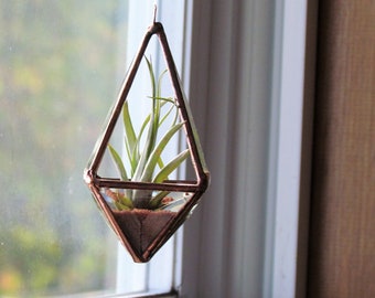 Geometric Air Plant Holder Stained Glass Hanging Terrarium Clear and Copper Colored Beveled Glass Triangles Pyramid Planter Glass Vase