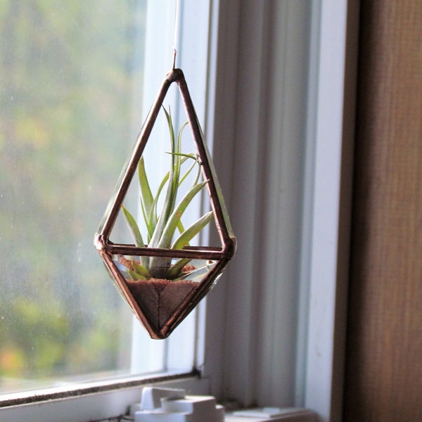 Geometric Air Plant Holder Stained Glass Hanging Terrarium Clear and Copper Colored Beveled Glass Triangles Pyramid Planter Glass Vase