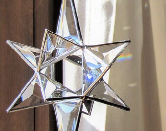 Moravian Star - Clear and Silver Color Glass Crystal Suncatcher - Morphing Indoor Outdoor Hanging Ornament - Christmas Star -Made in Canada
