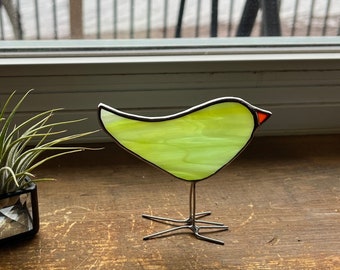 Folk Art Bird Ornament - Pastel Green Stained Glass Suncatcher - Playful Fun Unique Gift Idea for Any Occasion - Handcrafted in Canada