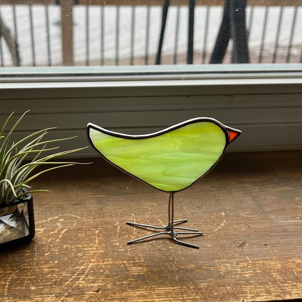 Folk Art Bird Ornament - Pastel Green Stained Glass Suncatcher - Playful Fun Unique Gift Idea for Any Occasion - Handcrafted in Canada