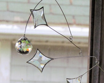 Hanging Mobile - Moon and Stars - Glass Crystal and Wire Cosmic Constellations - Kinetic Mobile Art - Handcrafted in Canada