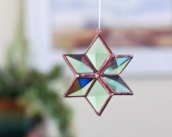 Three Dimensional Green Beveled Stained Glass Star with Copper Lines - Small