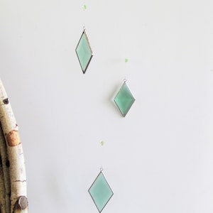 Hanging Crystal Mobile, Peridot Green Beveled Stained Glass and Silver Color,  Geometric Diamond Shapes, Gift Boxed, Handcrafted in Canada