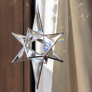 Moravian Star - Clear and Silver Color Glass Crystal Suncatcher - Morphing Indoor Outdoor Hanging Ornament - Christmas Star -Made in Canada