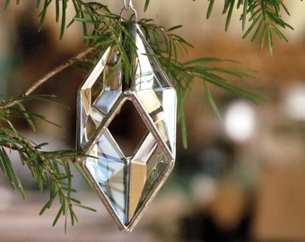 Christmas Tree Ornament - Glass Crystal Chevron Prism - 3D Clear Beveled Stained Glass Suncatcher