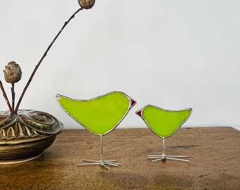 Stained Glass Bird Suncatchers - Apple Green Folk Art Ornaments - Unique Happy Fun Mothers Day Gift Idea - Set of Two - Handmade in Canada