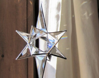 Moravian Star - Clear and Silver Color Glass Crystal Suncatcher - Morphing Indoor Outdoor Hanging Ornament - Christmas Star -Made in Canada