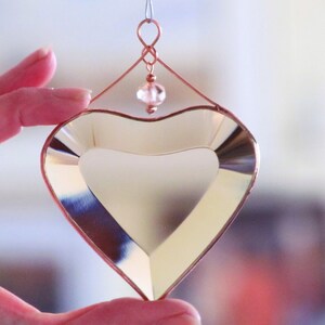 Peach Champagne Beveled Glass Heart Suncatcher Ornament with Beads and a Copper Line image 3