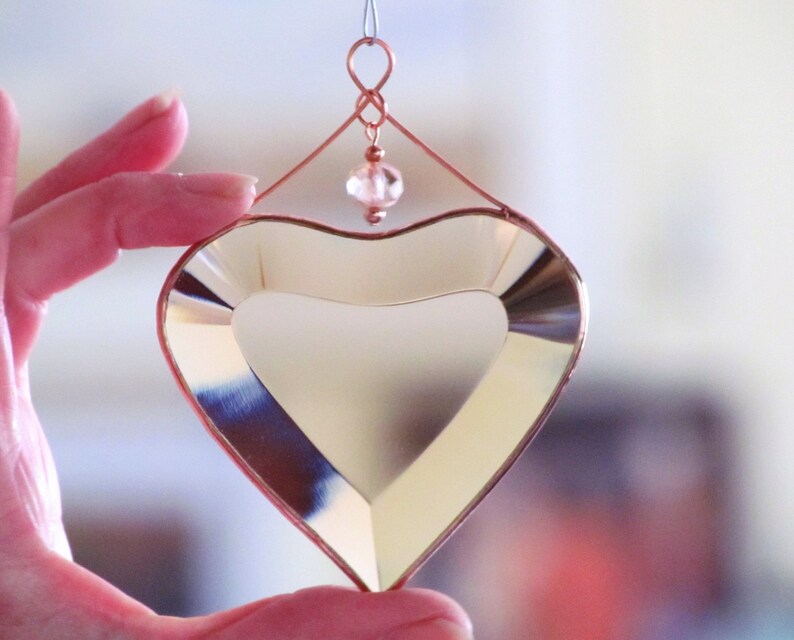 Peach Champagne Beveled Glass Heart Suncatcher Ornament with Beads and a Copper Line image 3