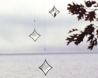 Hanging Mobile - Clear Beveled Stained Glass Crystal and Silver Colored Star Mobile - Sparkling Bright Suncatcher - Handmade in Canada