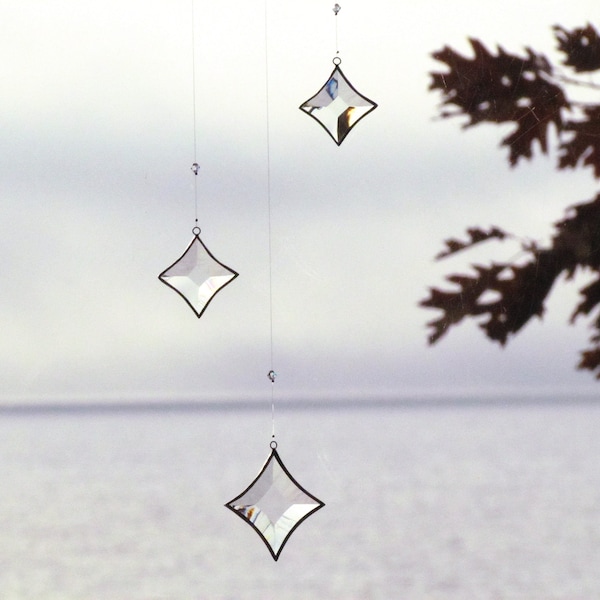 Móvil colgante - Móvil de cristal biselado transparente y estrella plateada - Atrapasol brillante - Hecho a mano en Canadá