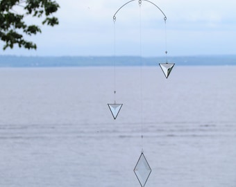 Hanging Mobile - Geometric Glass Crystal and Silver Colored Mobile of Triangles and Diamond - Handmade in Canada