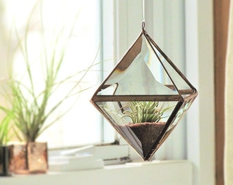 Geometric Air Plant Holder Stained Glass Hanging Terrarium Clear and Copper Colored Beveled Glass Triangles Pyramid Planter Glass Vase