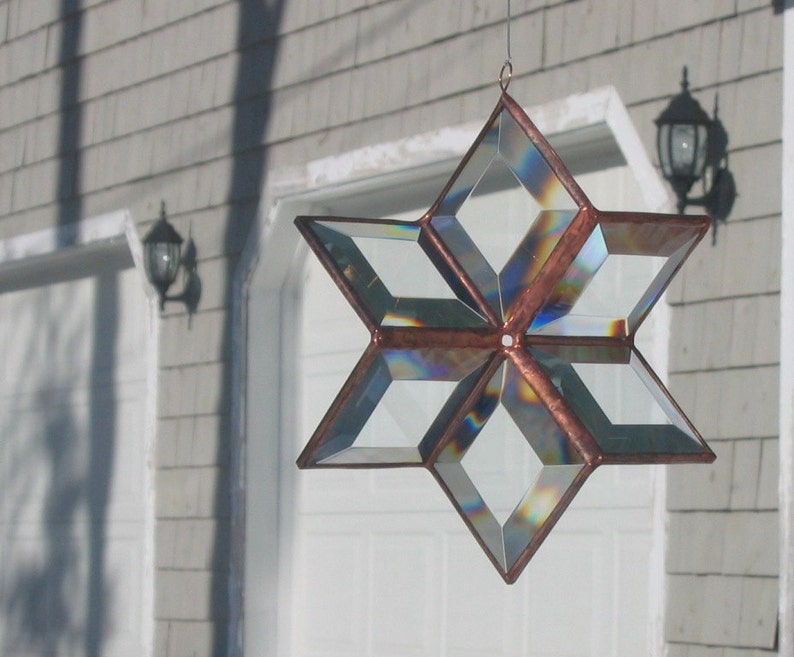 Morphing Star Suncatcher, 3D Clear and Copper Toned Beveled Stained Glass Ornament, Indoor Outdoor Garden Art, Handcrafted in Canada image 2