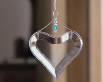 December Birthday Suncatcher, Blue Zircon Crystal Accented Hanging Heart Window Orrnament, Gift Boxed, Handmade in Canada