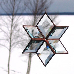 3D Handmade Stained Glass Star Suncatcher in Clear Beveled Glass and Copper Lines - Medium