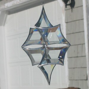 3D Stained Glass Snowflake Suncatcher, Clear and Silver Beveled Glass Hanging Ornament, Indoor Outdoor Sculptural Glass Art, Made in Canada image 4