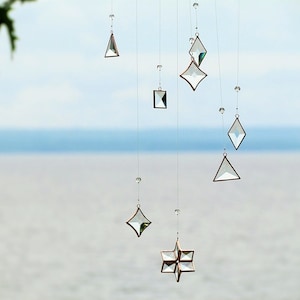 Hanging Geometric Mobile: Glass Crystal & Copper Stained Glass Art