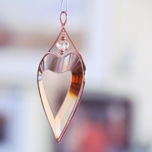 Peach Champagne Beveled Glass Heart Suncatcher Ornament with Beads and a Copper Line image 2