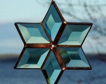 Morphing Green and Copper Crystal Star, Hanging 3D Geometric Beveled Stained Glass Suncatcher, Featured on Apartment Therapy, Made in Canada