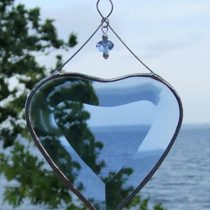 Blue Beveled Glass Heart Ornament with Beads and Siver Lines Romantic Stained Glass Gift Idea Handmade in Canada image 1