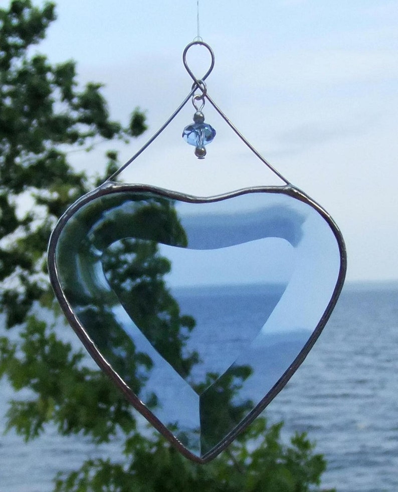 Blue Beveled Glass Heart Ornament with Beads and Siver Lines Romantic Stained Glass Gift Idea Handmade in Canada image 1