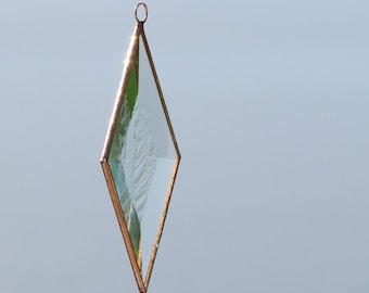 Clear and Copper Frosty Diamond Shaped Beveled Stained Glass Suncatcher Ornament - Made in Canada