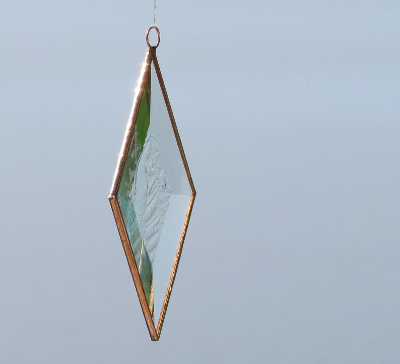 Clear and Copper Frosty Diamond Shaped Beveled Stained Glass Suncatcher Ornament Made in Canada image 1