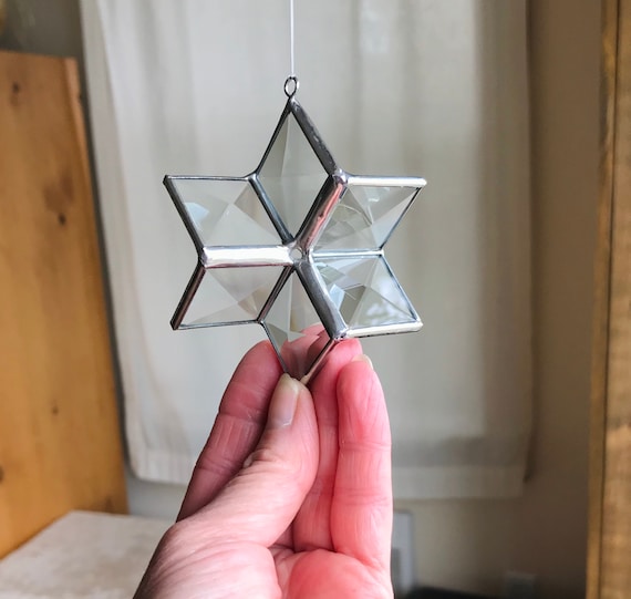 【WEBSTER】 【純銀 / ガラス】ティーセンター 15cm スターリング 3D Clear Beveled Stained Glass Star Suncatcher Six Point Star