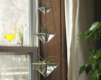 Hanging 3 Tiered Air Plant Holder Large Faceted Stained Glass Hanging Terrarium Made in Canada