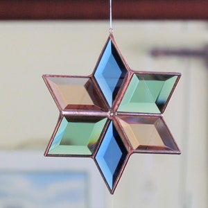 Stained Glass Star Suncatcher Geometric Blue Green Peach Copper Color Indoor Outdoor Garden Art Hanging Sculpture Handmade in Canada image 7