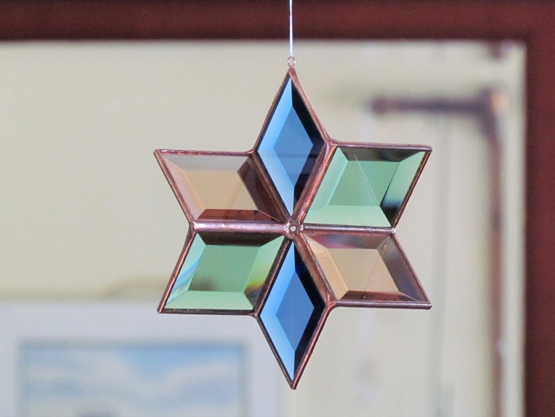 Stained Glass Star Suncatcher Geometric Blue Green Peach Copper Color Indoor Outdoor Garden Art Hanging Sculpture Handmade in Canada image 7