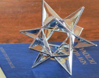 Glass Crystal Moravian Star, Clear & Silver Toned Stained Glass Suncatcher, Morphing Indoor Outdoor Ornament, Handmade in Canada by Artist