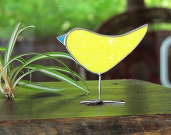 Lemon Yellow Stained Glass Bird Suncatcher - Unique Folk Art Ornament, Handmade in Canada - One of a Kind, Bright Cheerful Gift Idea