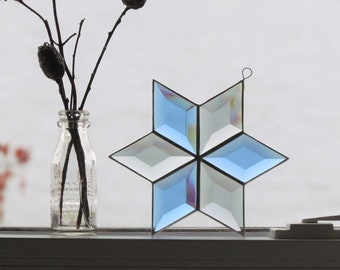 Gray and  Blue Beveled Stained Glass Six-Pointed Star Suncatcher - Made in Canada