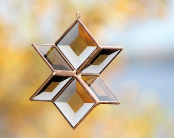 3D Handmade Stained Glass Star Suncatcher Brown Bronze Copper Six Point Star Ornament Indoor Outdoor Glass Garden Art Made in Canada