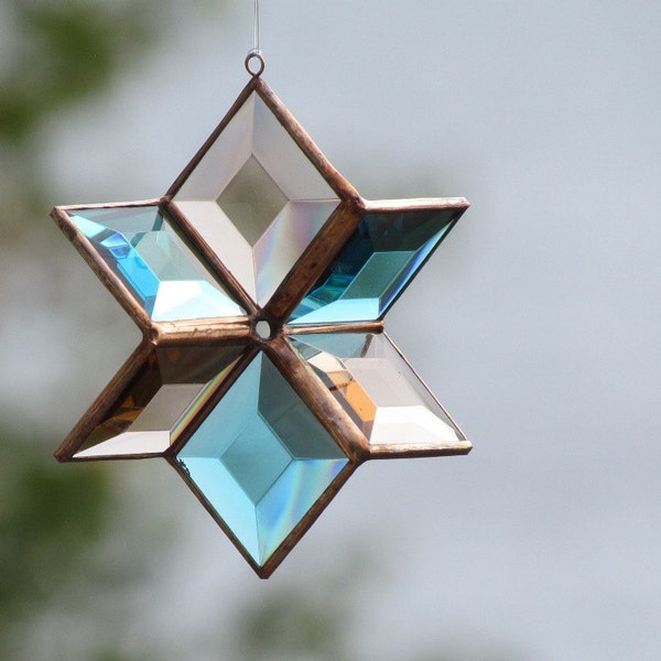 3D Glass Star Suncatcher, Turquoise and Peach Champagne Copper