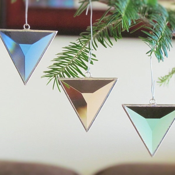 Geometric Glass Ornaments Christmas Tree Decorations, Triangle Stained Glass Suncatchers, Holiday Gift Set, Stocking Stuffers, Set of Three