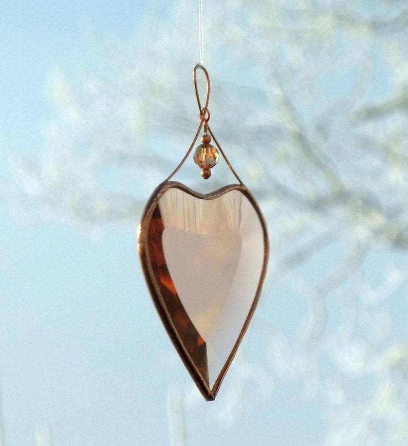Peach Champagne Beveled Glass Heart Suncatcher Ornament with Beads and a Copper Line image 10