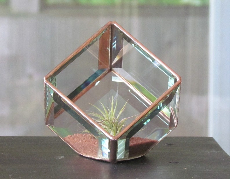 Geometric Air Plant Holder Stained Glass Terrarium Asymmetrical Glass Cubed Box Vase Clear Copper Colors Handmade in Canada image 3