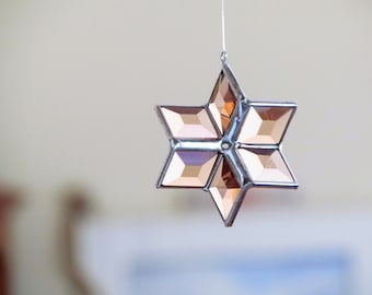 3D Stained Glass Star Suncatcher - Peach and Silver Colored Six Point Star Ornament - Handmade in Canada