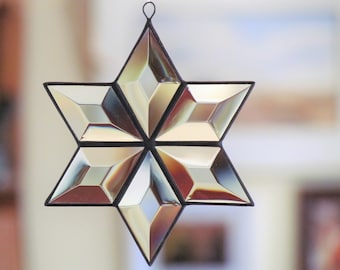 Clear and Black Beveled Stained Glass Six-Pointed Star Suncatcher - Crystal Star Ornament - Handcrafted in Canada