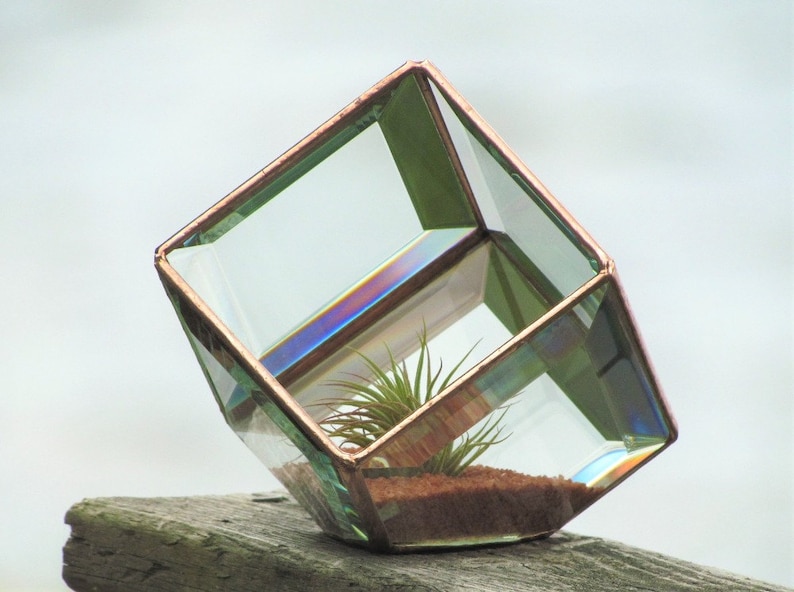 Geometric Air Plant Holder Stained Glass Terrarium Asymmetrical Glass Cubed Box Vase Clear Copper Colors Handmade in Canada image 2