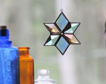 Geometric Stained Glass Star Suncatcher  Green Blue Peach Silver Multi Faceted 3D Ornament Gift Idea for Her or Him Made in Canada