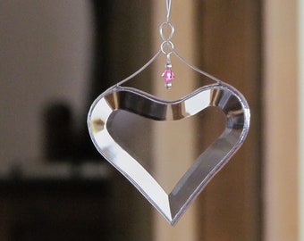 October Birthday Suncatcher, Pink Crystal Accented Hanging Stained Glass Heart Window Orrnament, Gift Boxed, Handmade in Canada